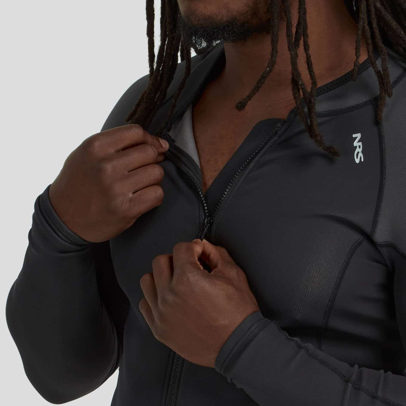 Close-up of the full front zip on the NRS Men’s HydroSkin 1.5mm Neoprene Jacket