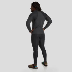 Rear view of a model wearing NRS men’s HydroSkin 1.5mm neoprene trousers