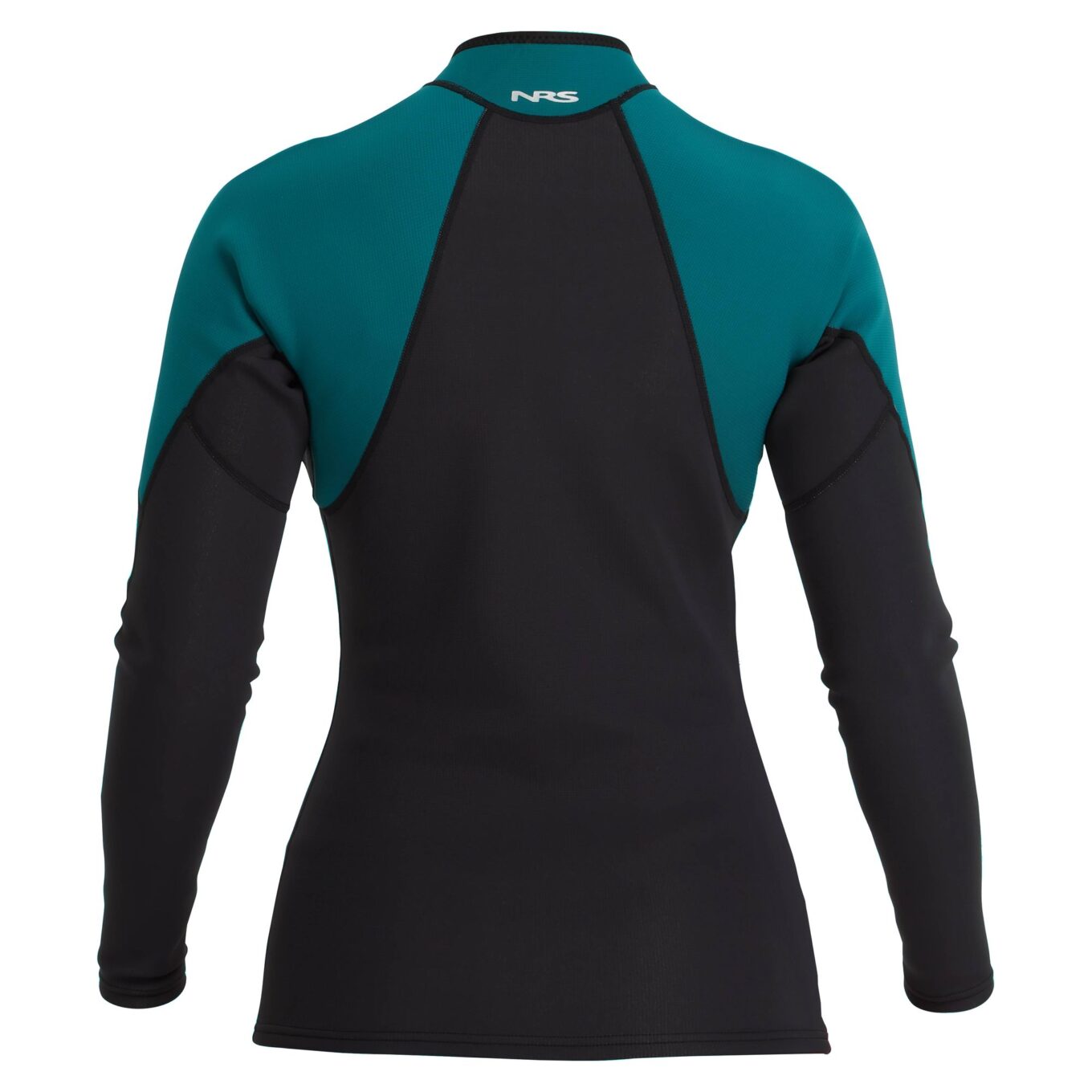 Rear view of the NRS Women’s HydroSkin 1.5mm Neoprene Jacket in Black/Harbor
