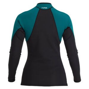 Rear view of the NRS Women’s HydroSkin 1.5mm Neoprene Jacket in Black/Harbor