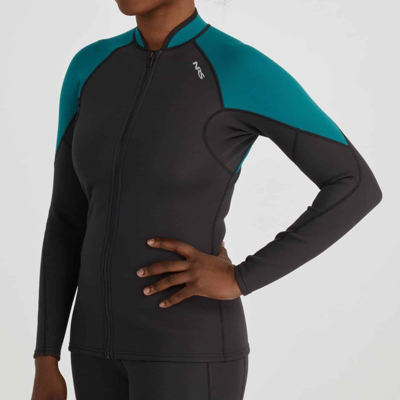 Close-up of the women’s HydroSkin jacket fit, shoulder panels and flat-lock seams