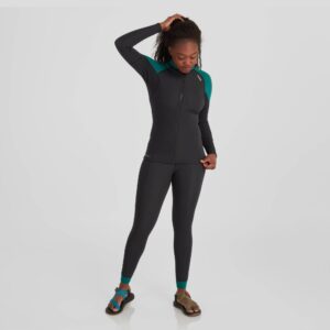 Front view of a model wearing NRS women’s HydroSkin 1.5mm neoprene trousers