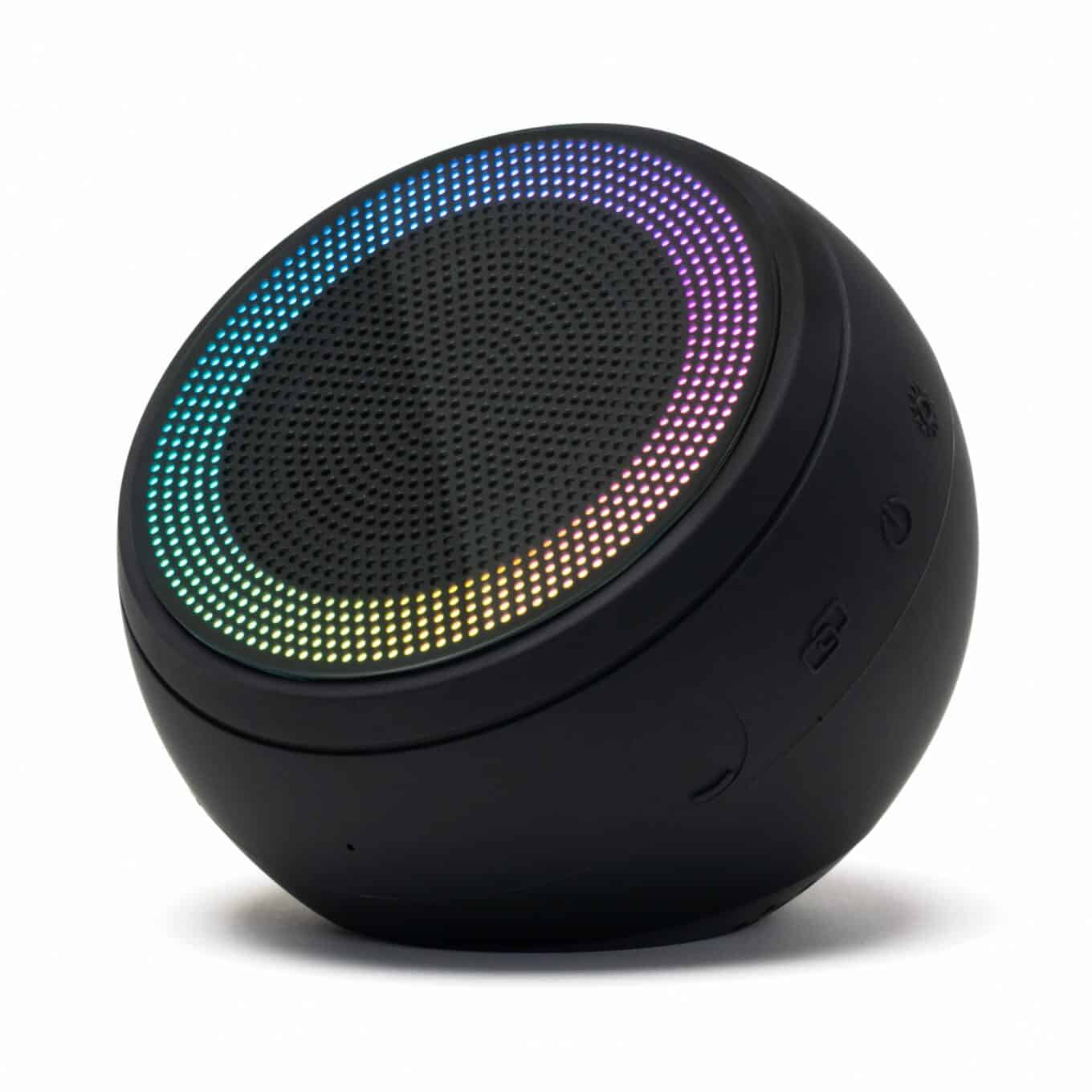 Speaqua Barnacle X speaker in Manta Ray Black, angled view with multicoloured RGB lighting and side controls