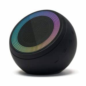 Speaqua Barnacle X speaker in Manta Ray Black, angled view with multicoloured RGB lighting and side controls