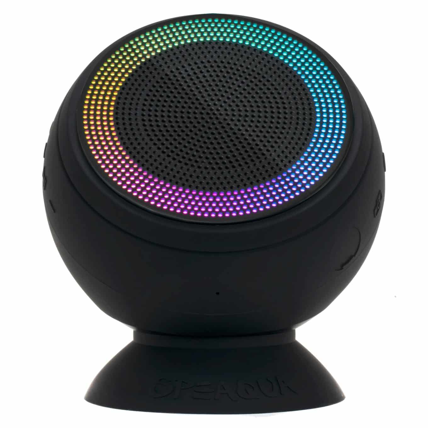 Speaqua Barnacle X waterproof Bluetooth speaker in Manta Ray Black, front view with RGB lighting and suction cup base