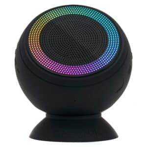 Speaqua Barnacle X waterproof Bluetooth speaker in Manta Ray Black, front view with RGB lighting and suction cup base