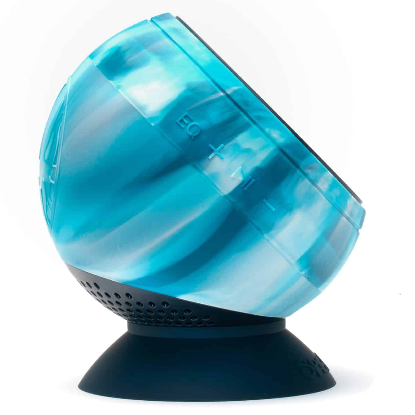 Side view of the Speaqua Barnacle X in Tidal Blue, showing EQ, volume and playback controls above the suction cup