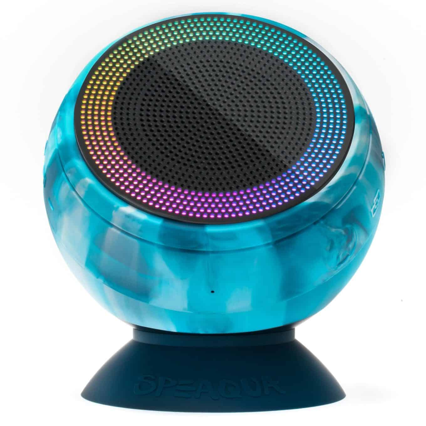 Speaqua Barnacle X waterproof Bluetooth speaker in Tidal Blue, front view with RGB lighting and suction cup base