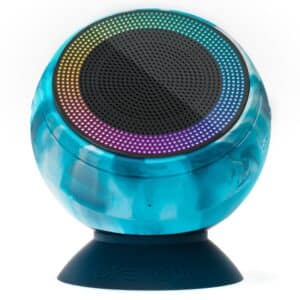 Speaqua Barnacle X waterproof Bluetooth speaker in Tidal Blue, front view with RGB lighting and suction cup base