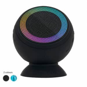 Speaqua Barnacle X waterproof speaker with RGB lighting and swatches showing Manta Ray Black and Tidal Blue colour options