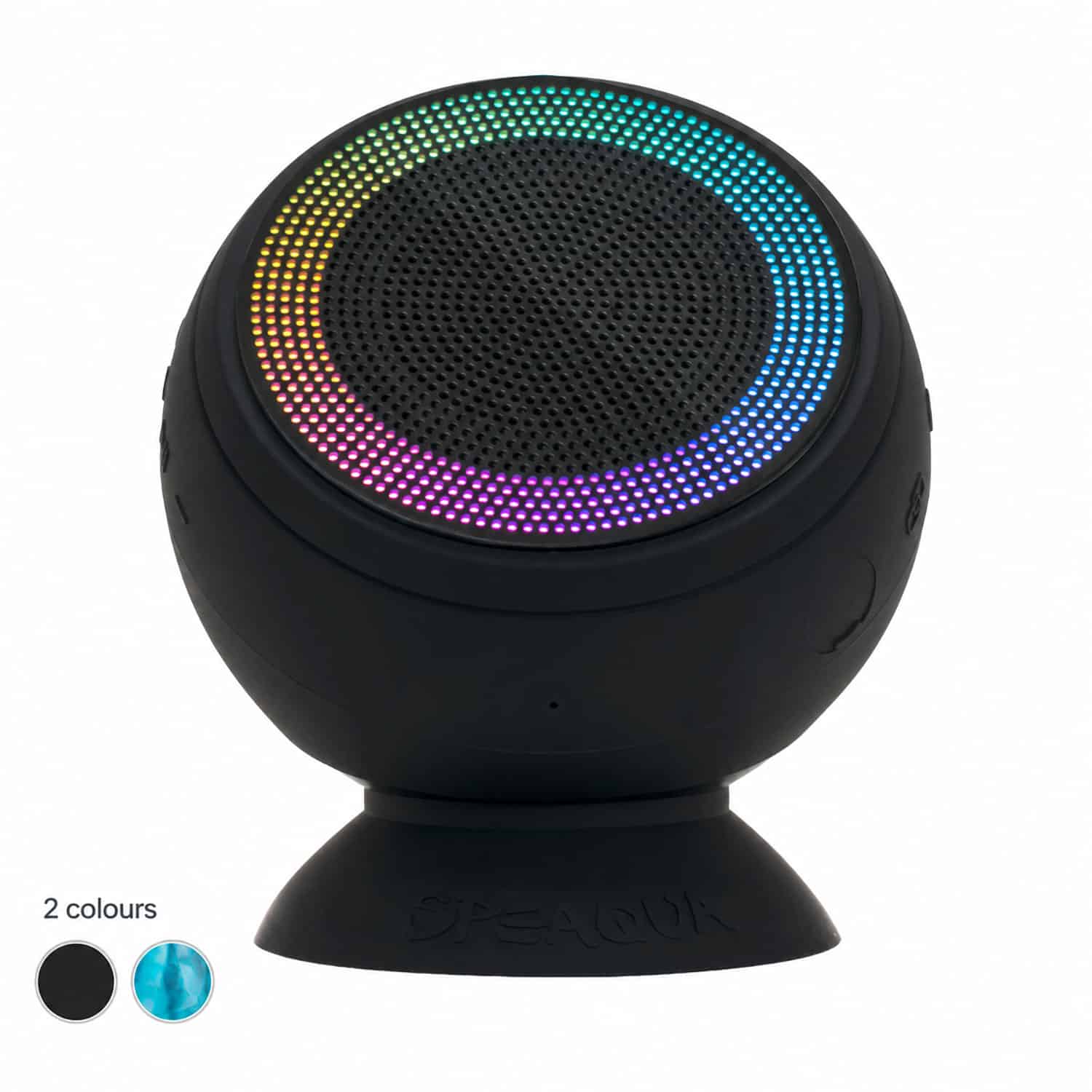 Speaqua Barnacle X waterproof speaker with RGB lighting and swatches showing Manta Ray Black and Tidal Blue colour options