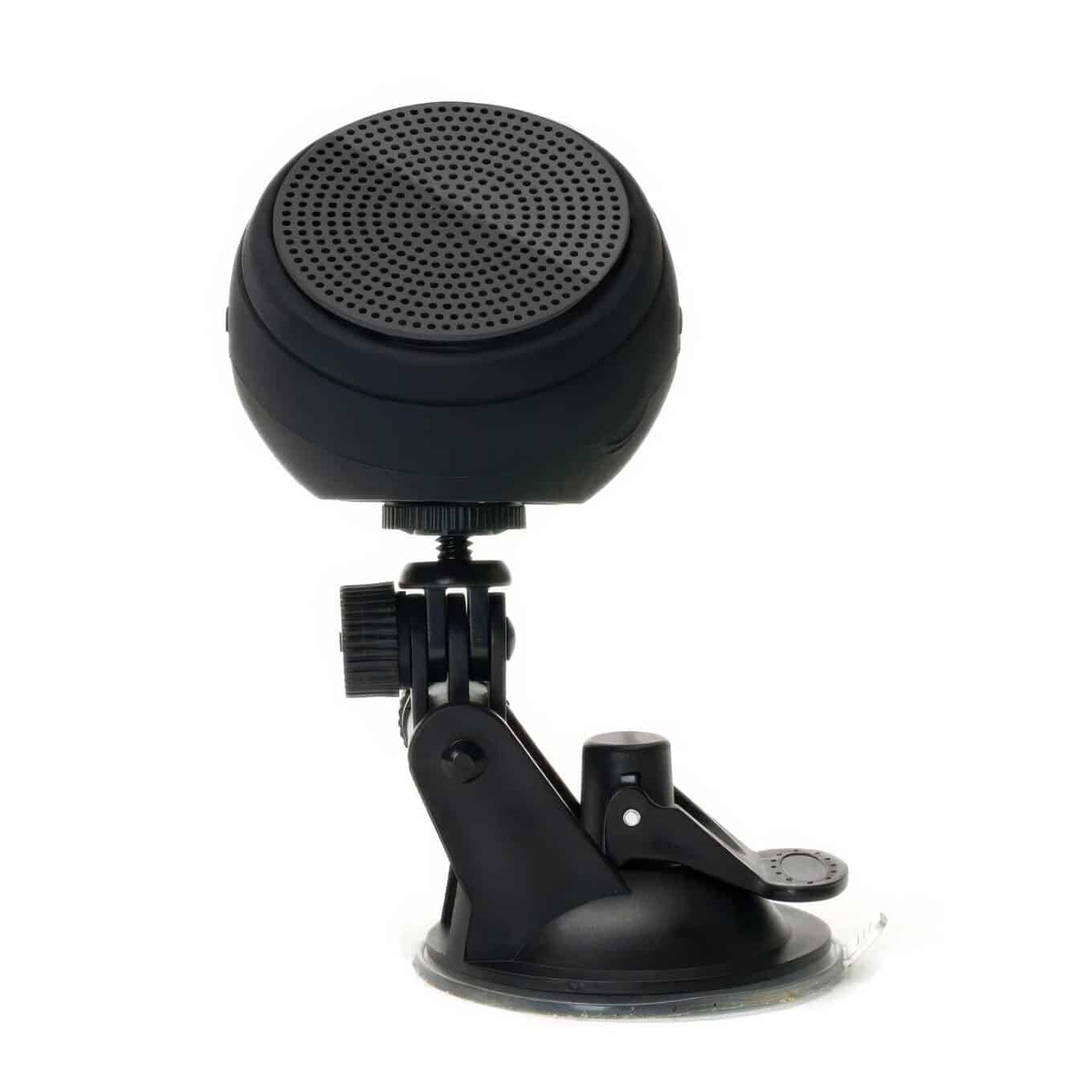 Black Barnacle speaker attached to a Speaqua Board Mount, showing the adjustable arm and suction base