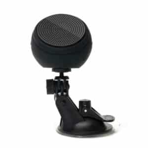Black Barnacle speaker attached to a Speaqua Board Mount, showing the adjustable arm and suction base