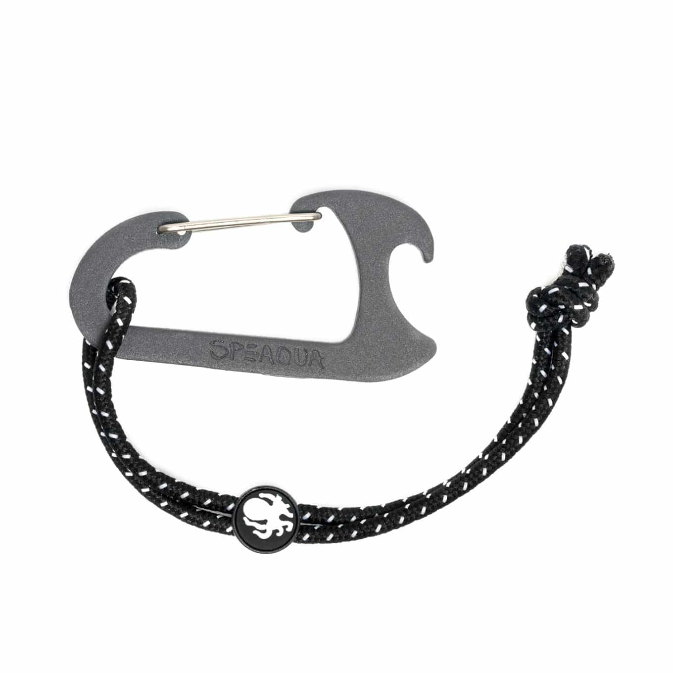 Speaqua carabiner clip with black and white attachment cord and octopus logo fastener