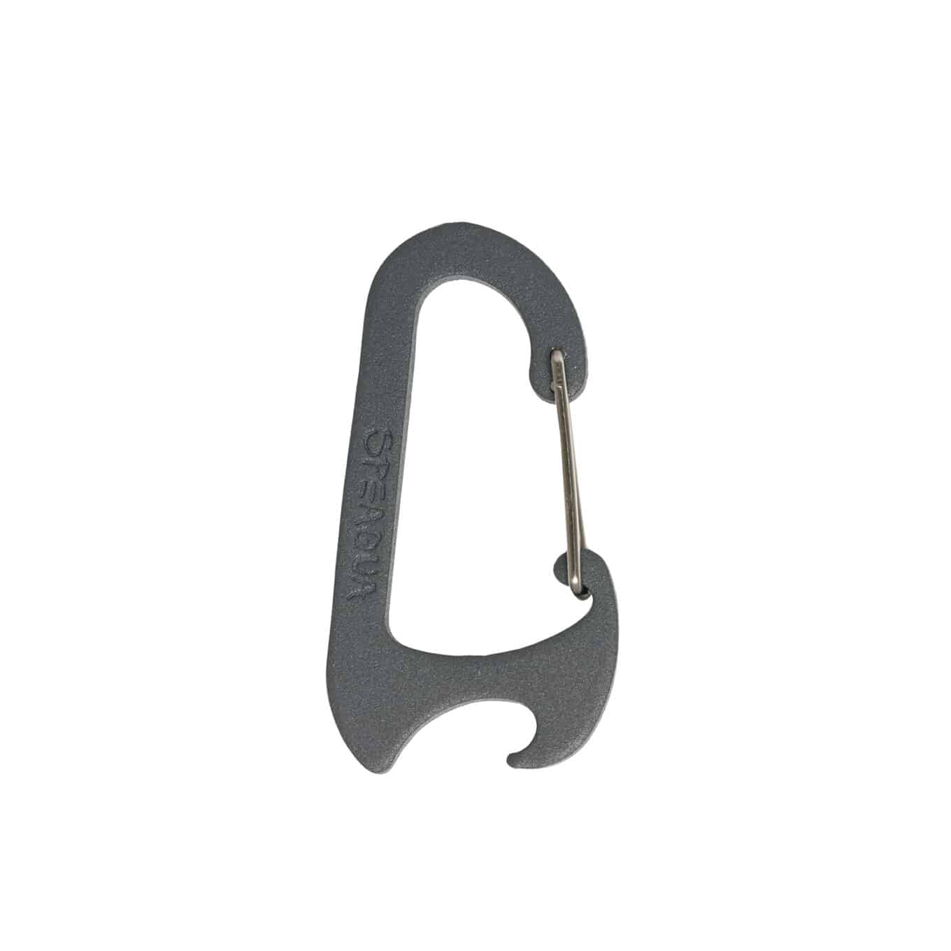 Grey Speaqua carabiner clip showing the wire gate and built-in bottle opener