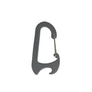 Grey Speaqua carabiner clip showing the wire gate and built-in bottle opener