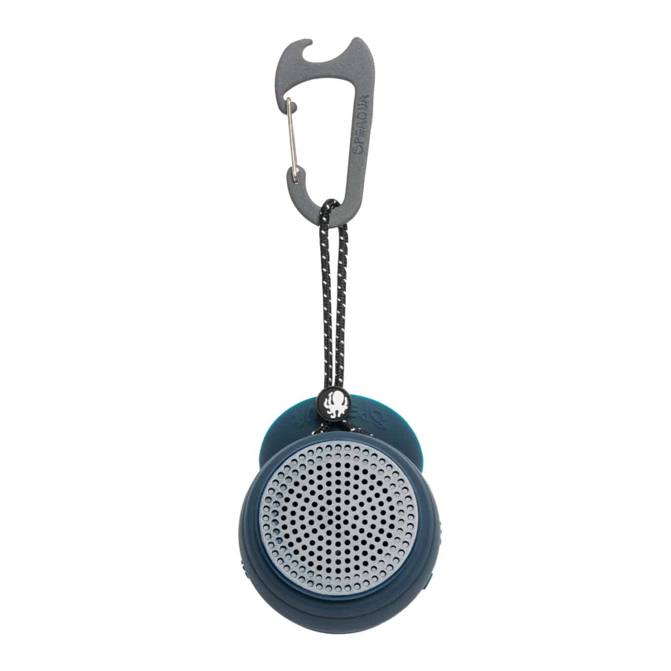 Speaqua speaker hanging from a carabiner clip using the attachment cord