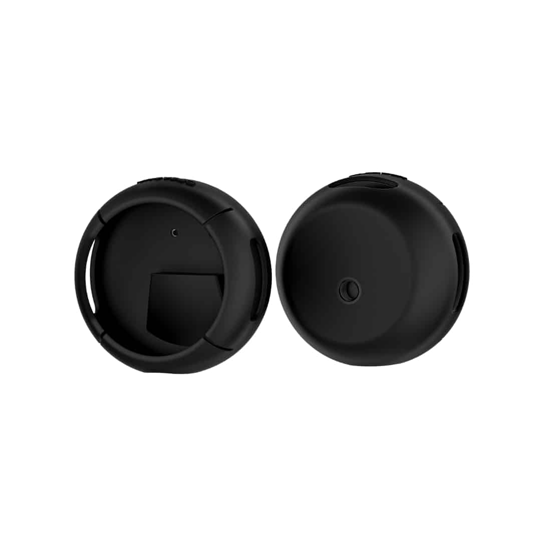 Front and rear views of the Speaqua Shell silicone cover in Manta Ray Black, showing cut-outs and threaded mounting socket