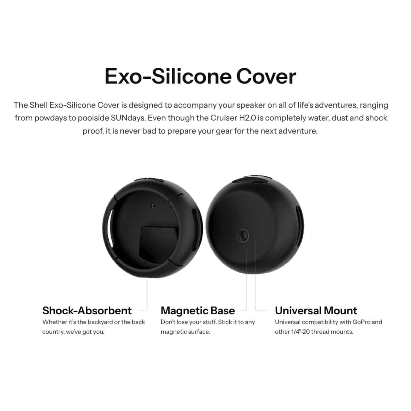 Speaqua Shell cover for Cruiser H2.0 showing shock absorption, magnetic base and universal mounting features